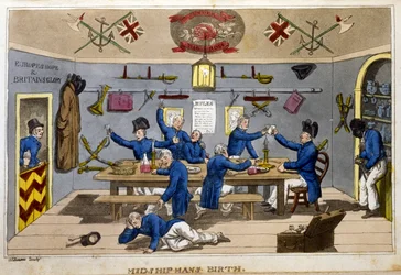 Aterrissagem do aspirador de bordo, prato de "As aventuras de Johnny Newcome na Marinha", de John Mitford, 1818 (aquatinta colorido à mão)